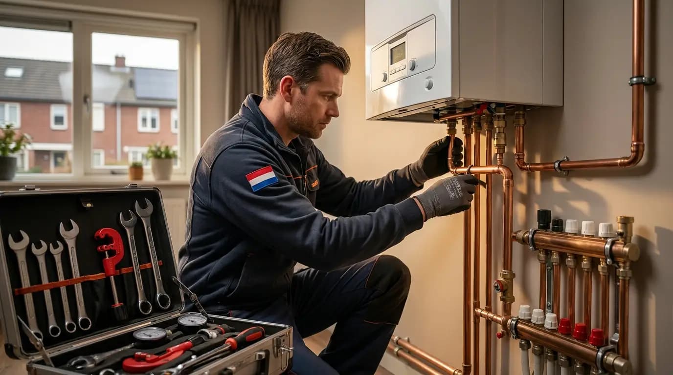 Vakman bezig met gasleiding aanleggen of vervangen in een Nederlandse woning