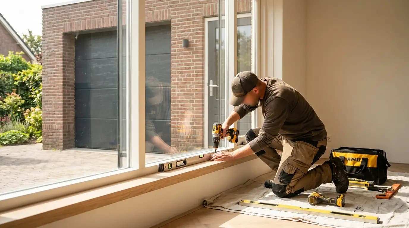 Vakman bezig met het plaatsen van een garagedeur in een Nederlandse woning