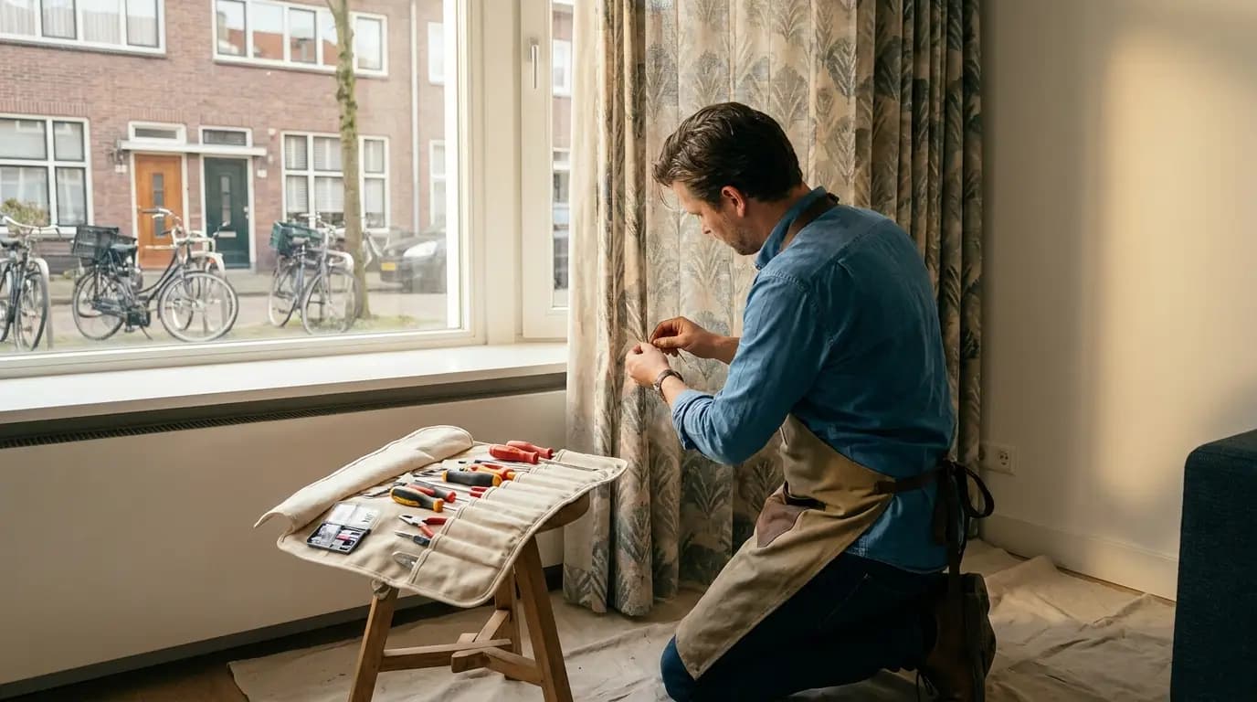 Vakman bezig met gordijnen vermaken in een Nederlandse woning