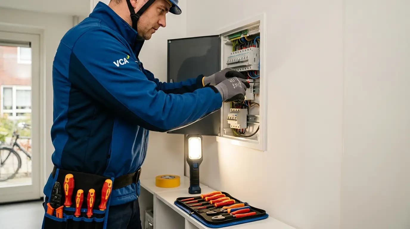 Vakman bezig met groepenkast installeren of uitbreiden in een Nederlandse woning