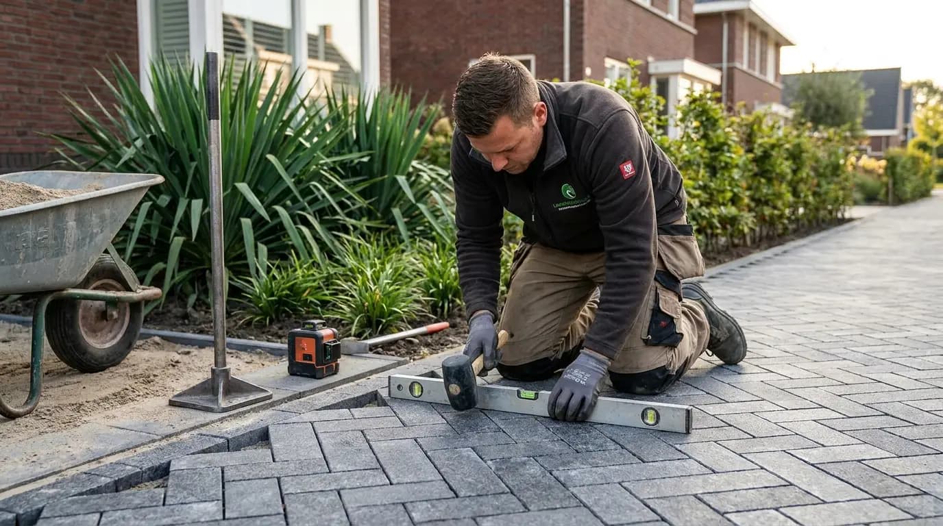 Vakman bezig met grond afgraven of egaliseren in een Nederlandse tuin