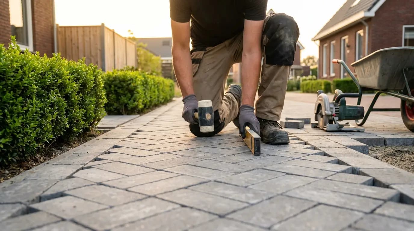 Vakman bezig met hekwerk of poort lassen of plaatsen in een Nederlandse tuin