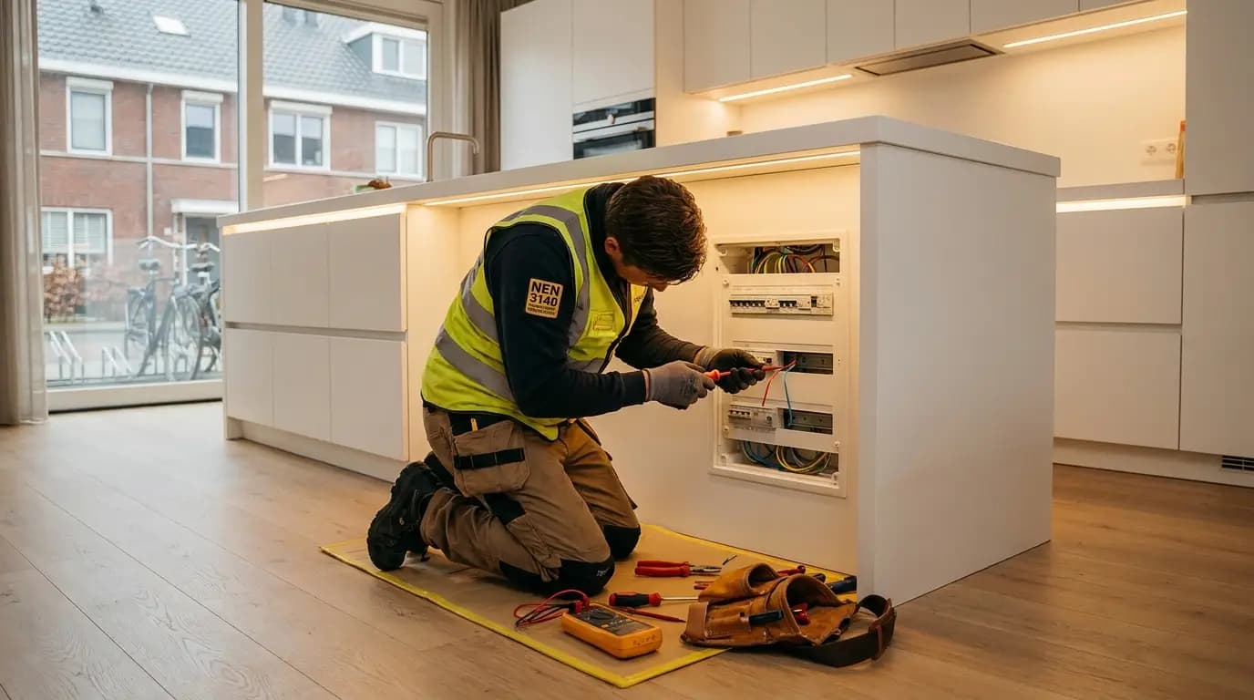 Vakman bezig met keuken of eiland elektra aanleggen in een Nederlandse woning
