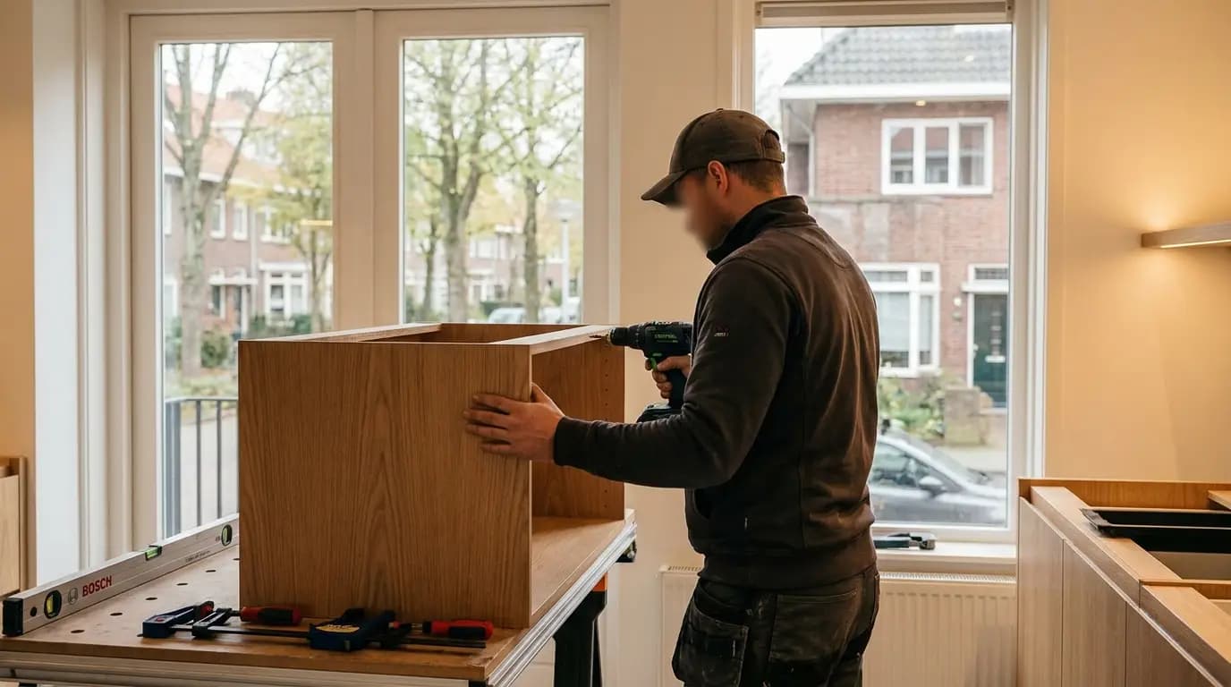 Vakman bezig met keuken plaatsen of renoveren in een Nederlandse woning