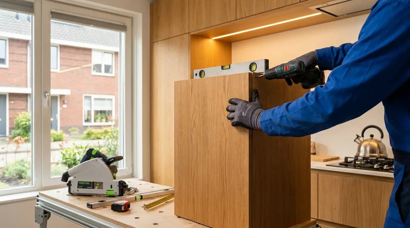 Vakman bezig met het plaatsen van keukenapparatuur in een Nederlandse woning