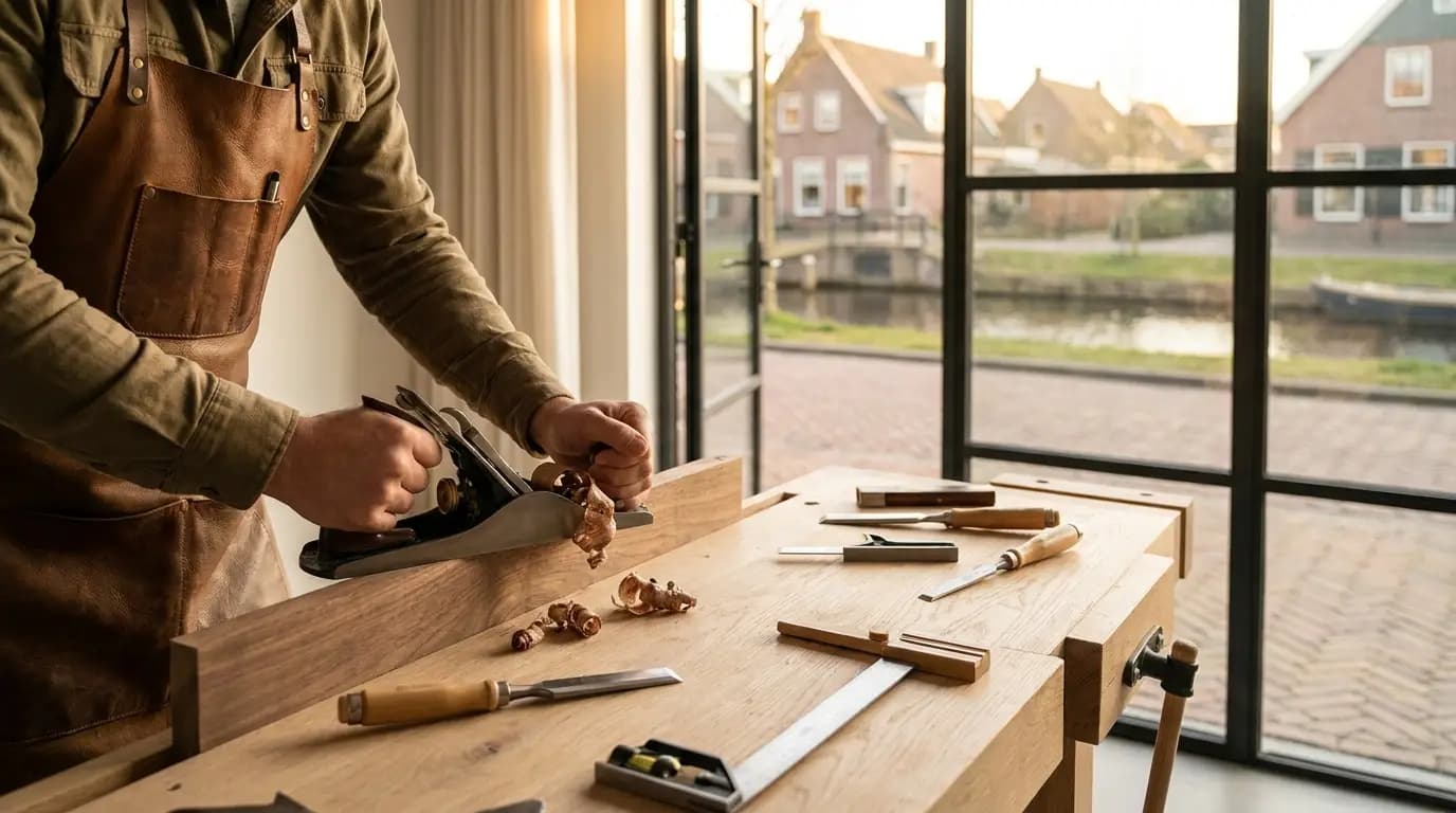 Vakman bezig met meubel(s) maken in een Nederlandse woning