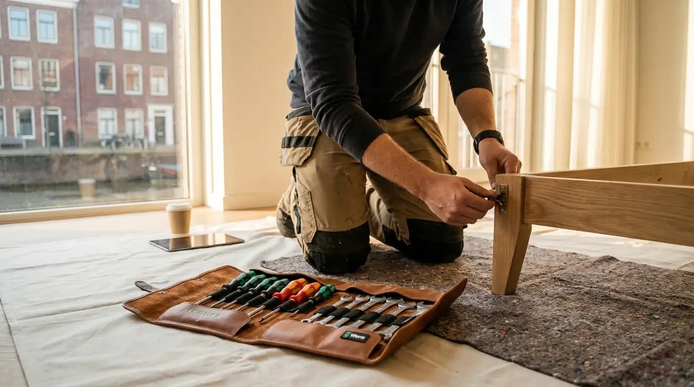 Vakman bezig met meubels (de)monteren in een Nederlandse woning