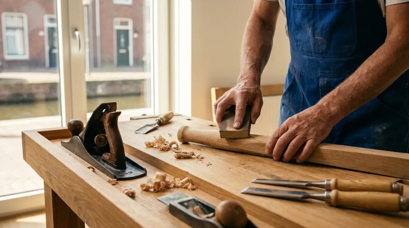 Vakman bezig met meubels repareren in een Nederlandse woning