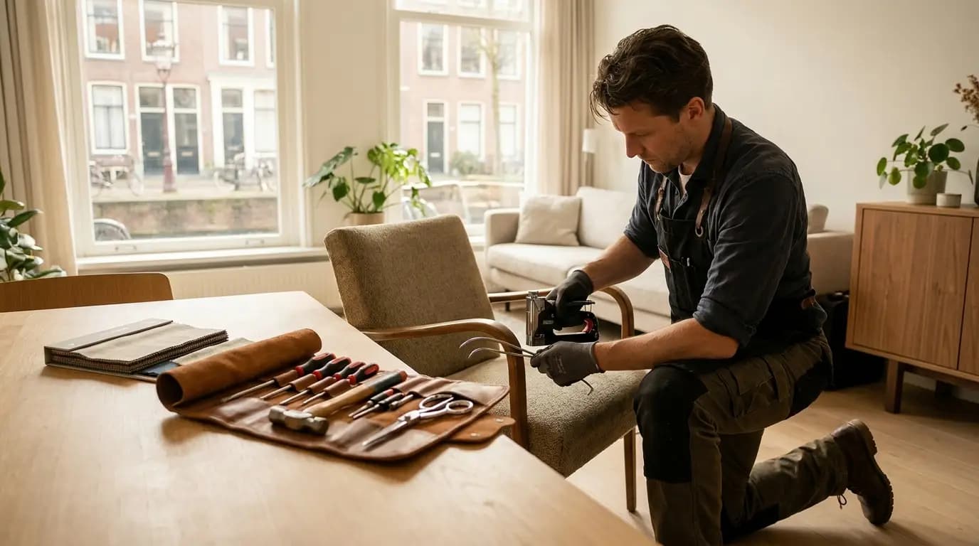 Vakman bezig met meubels stofferen in een Nederlandse woning