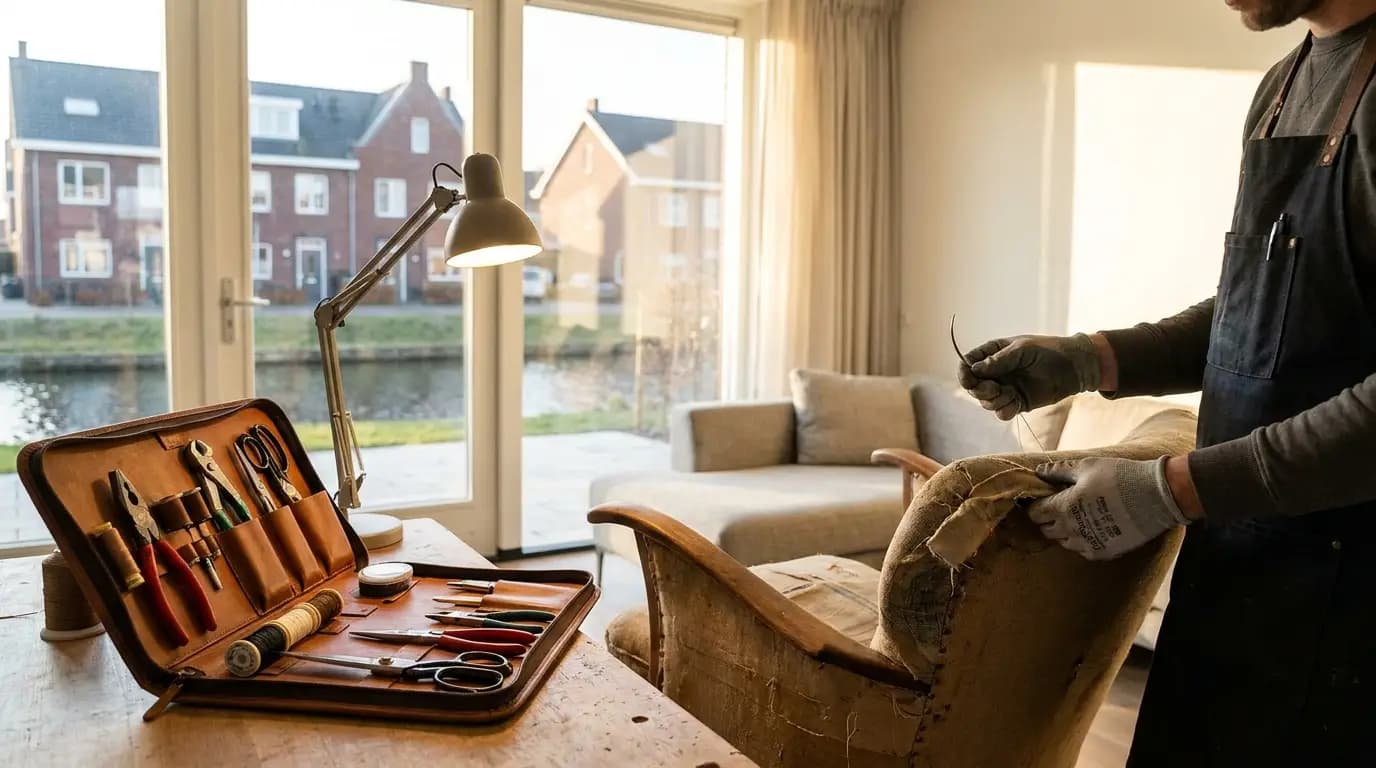 Vakman bezig met meubelstoffering en bekleding in een Nederlandse woning