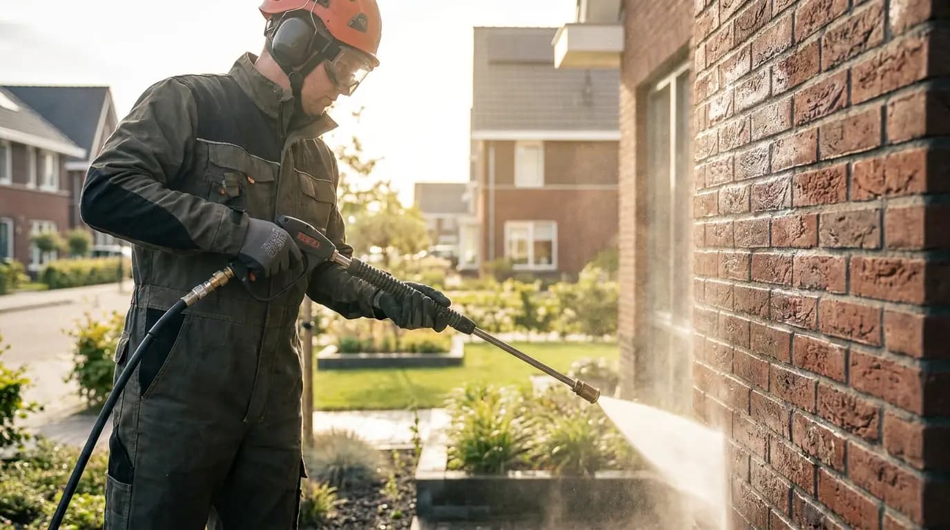 Vakman bezig met muren of gevels reinigen of zandstralen in een Nederlandse woning