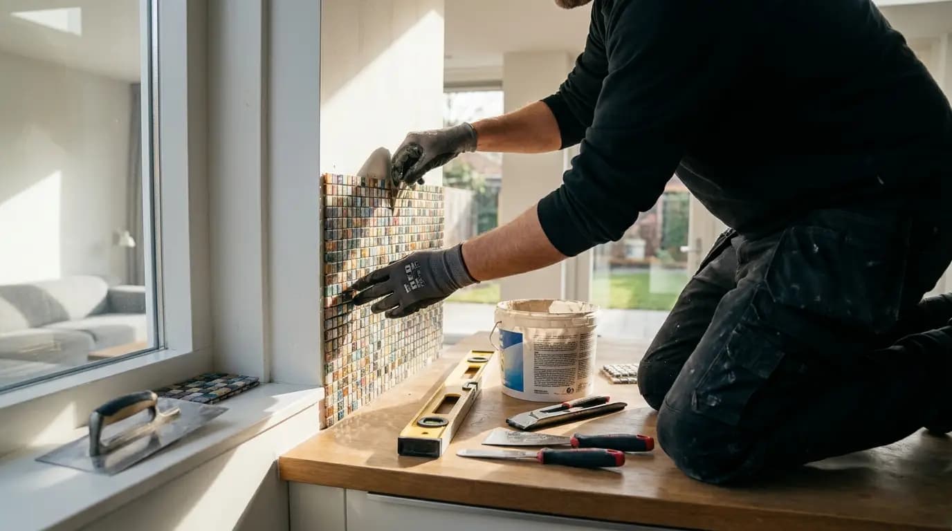 Vakman bezig met mozaïek of decoratieve tegels plaatsen in een Nederlandse woning
