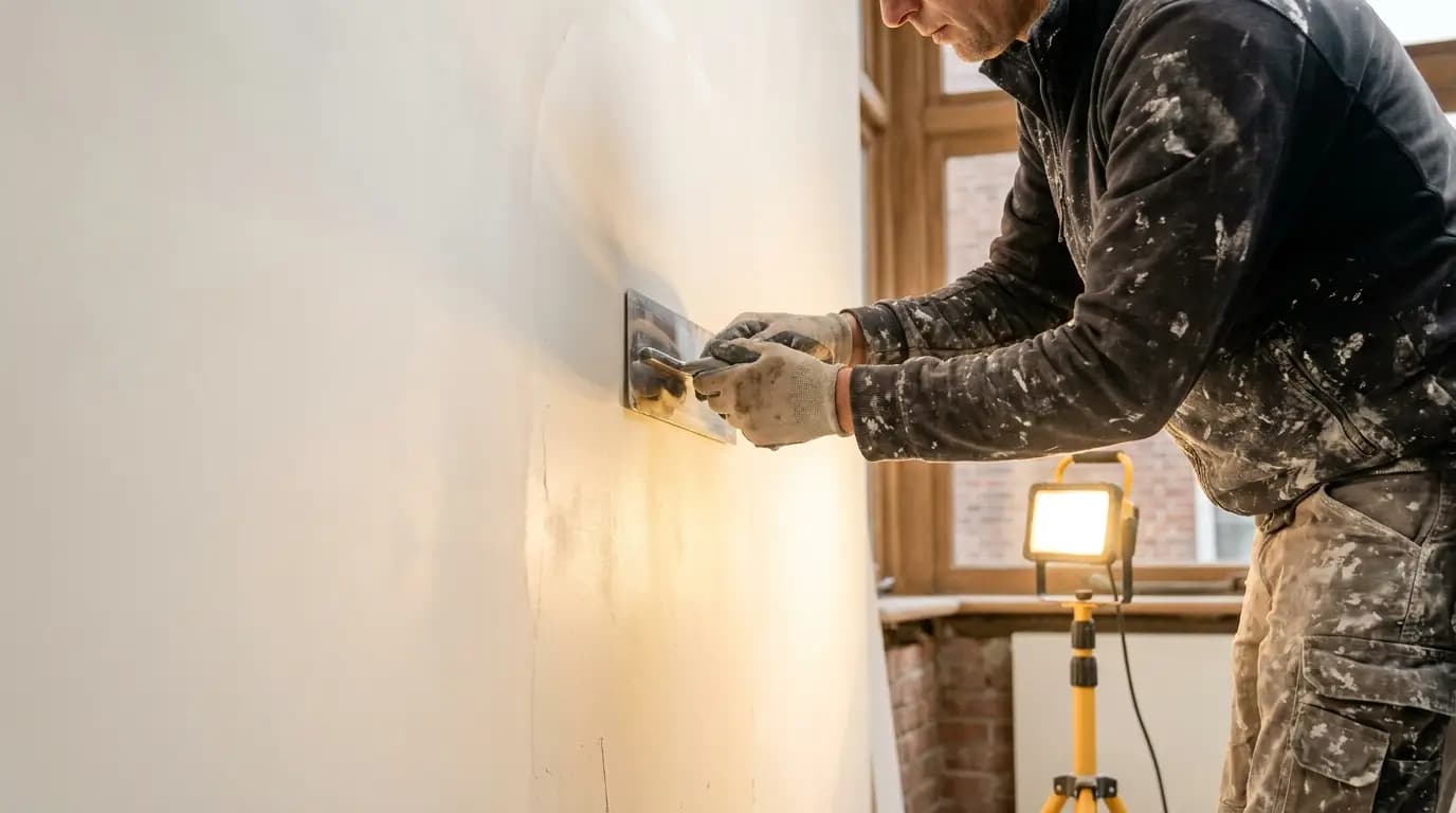 Vakman bezig met muur glad pleisteren voor behang of verf in een Nederlandse woning