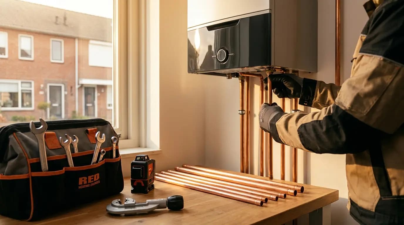 Vakman bezig met het plaatsen van een openhaard in een Nederlandse woning