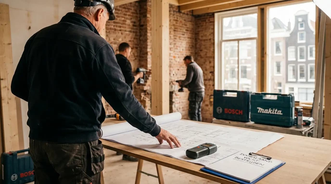 Vakman bezig met opstijgend of doorslaand vocht bestrijden in een Nederlandse woning