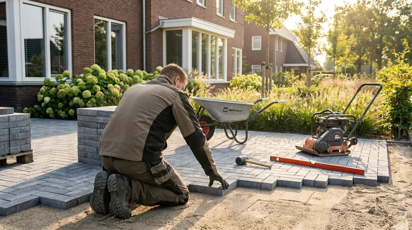Vakman bezig met oprit aanleggen of renoveren in een Nederlandse woning