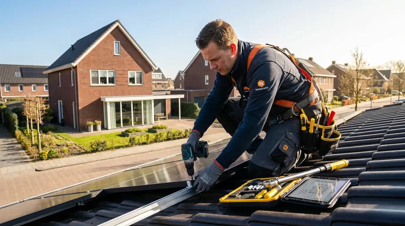 Vakman bezig met onderhoud en reparatie van zonnepanelen op een Nederlands dak