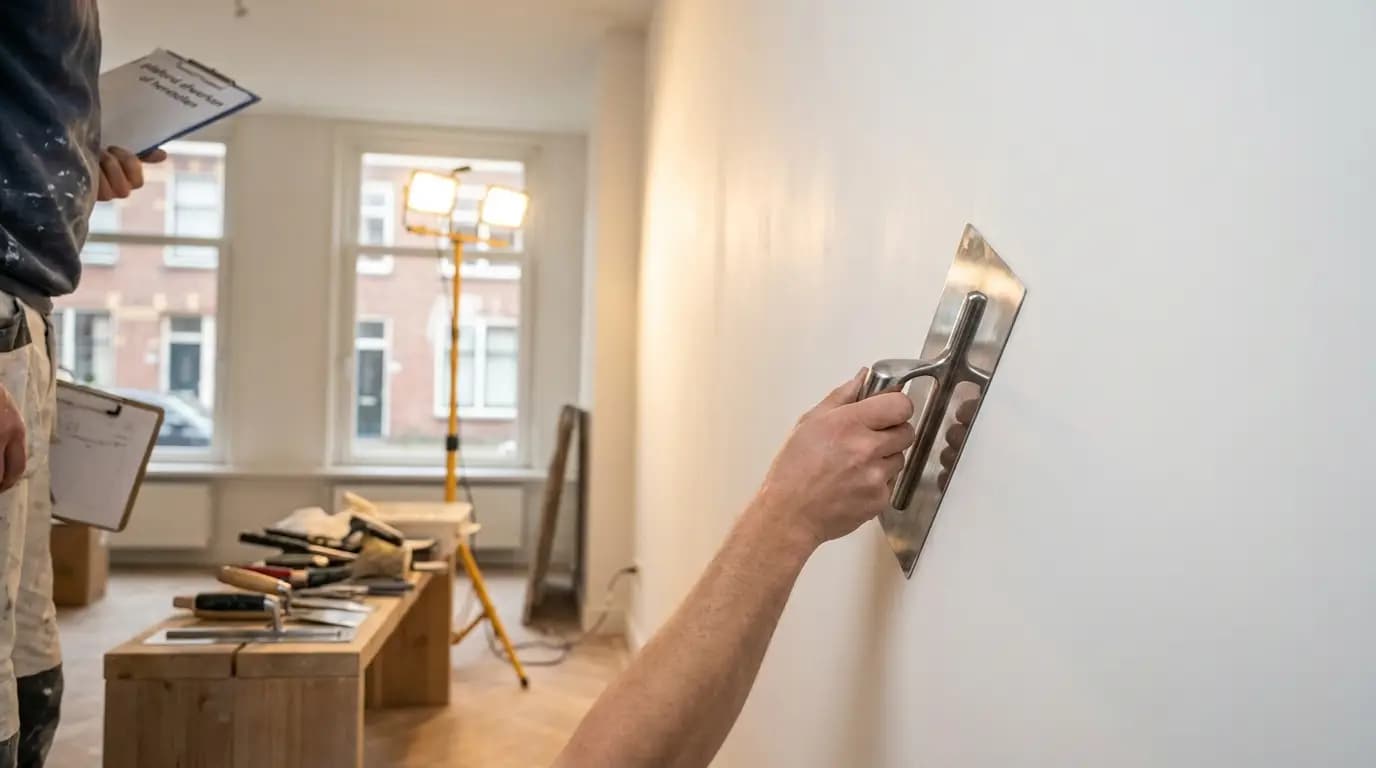 Vakman bezig met plafond afwerken of herstellen in een Nederlandse woning