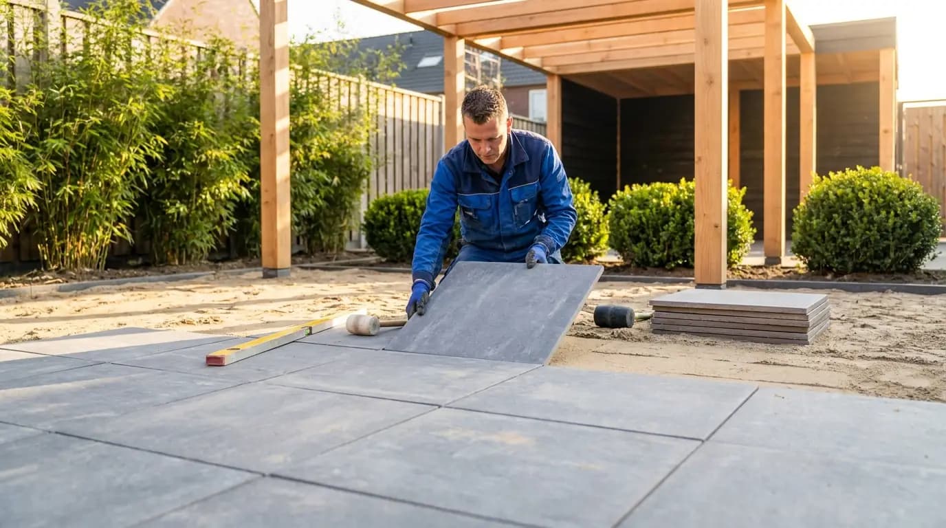 Vakman bezig met pergola of tuinhuis plaatsen in een Nederlandse woning