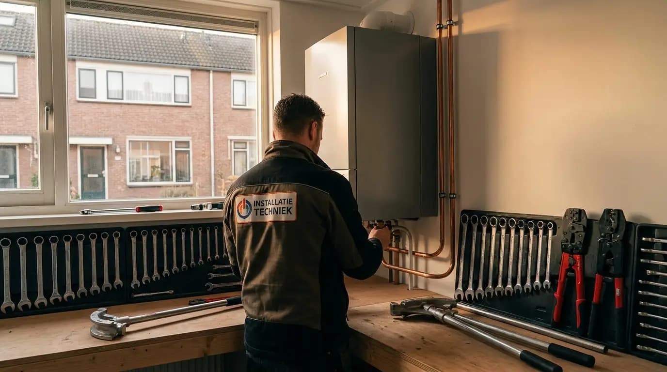 Vakman bezig met pelletkachel plaatsen of vervangen in een Nederlandse woning