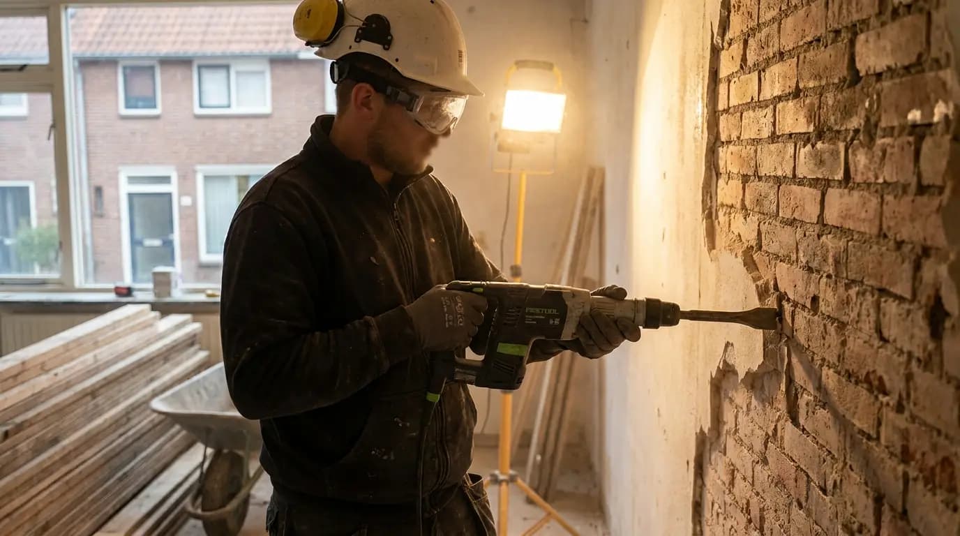 Vakman bezig met puin of meubilair afvoeren in een Nederlandse woning