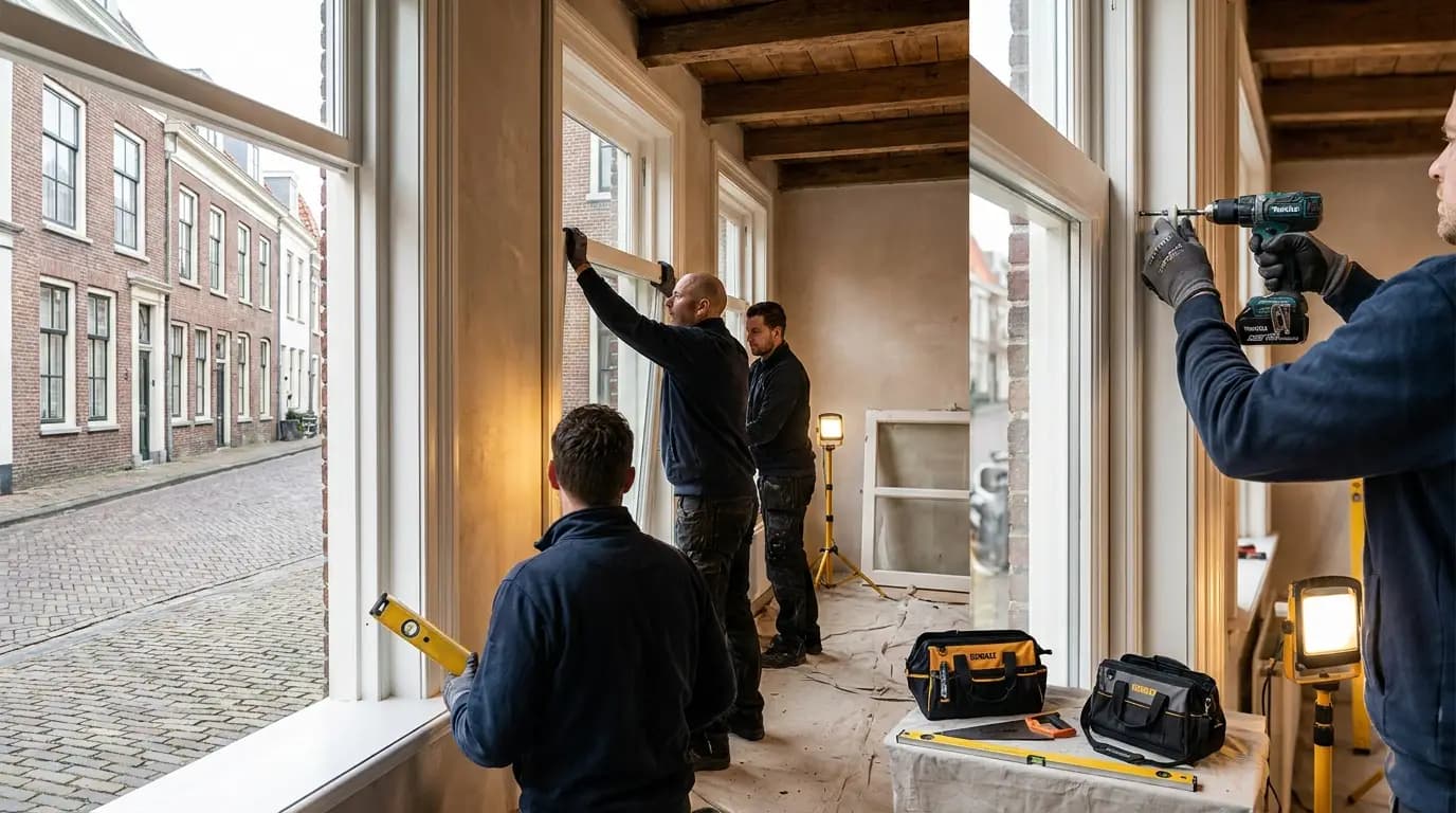 Vakman bezig met raamkozijnen plaatsen of vervangen in een Nederlandse woning