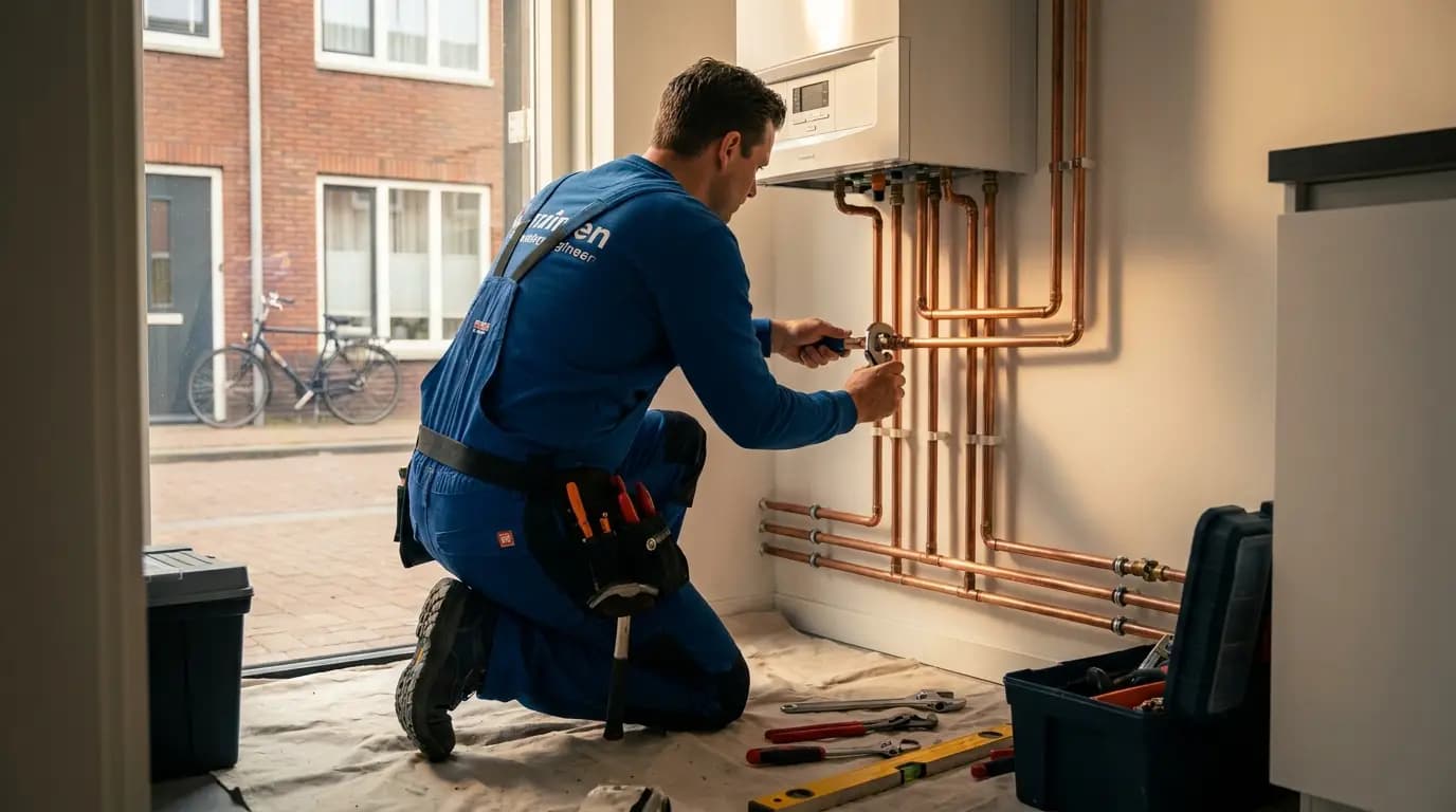 Vakman bezig met radiator (ver)plaatsen of vervangen in een Nederlandse woning
