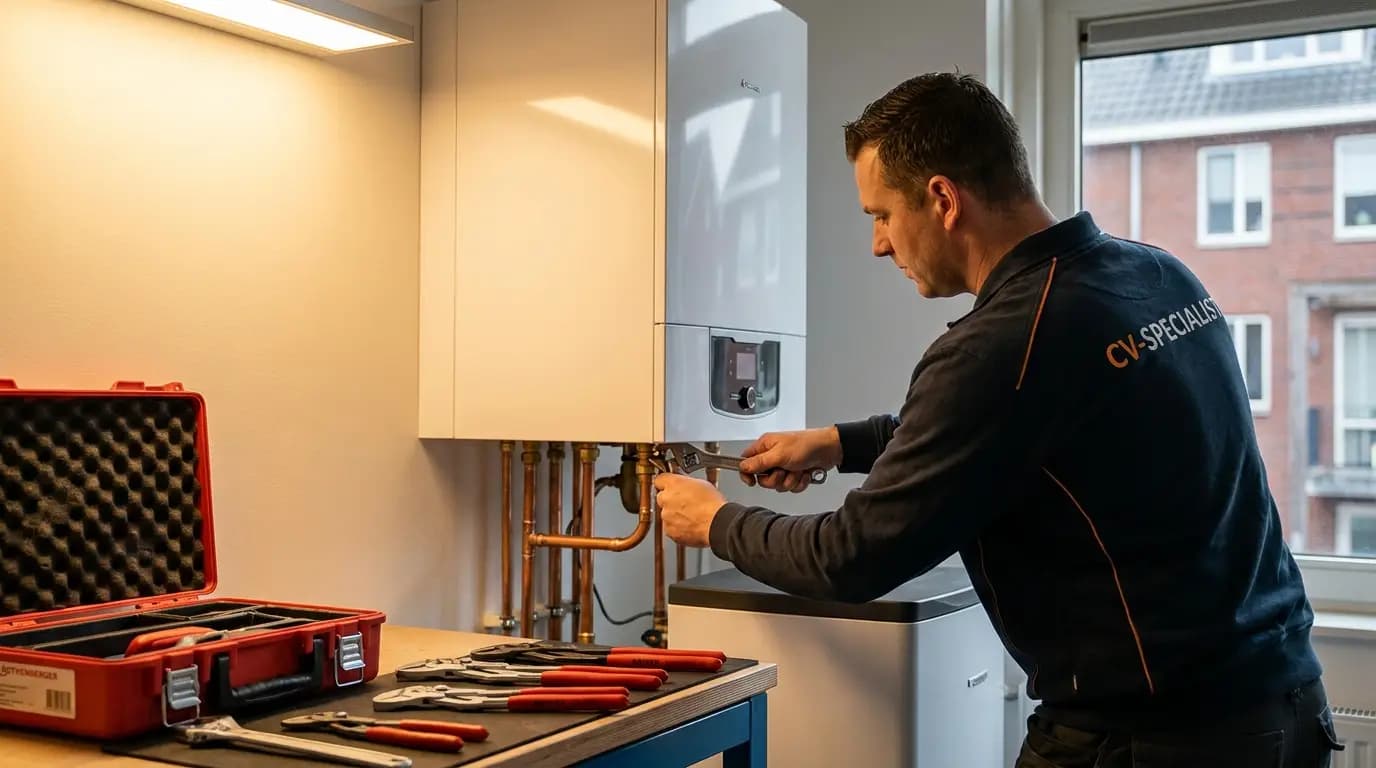 Vakman bezig met openhaard repareren of onderhouden in een Nederlandse woning