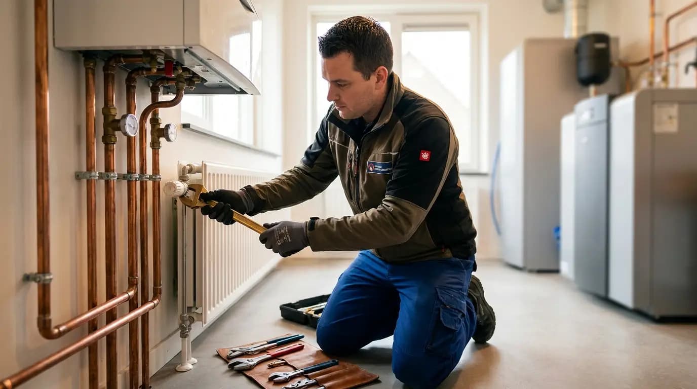 Vakman bezig met radiatorkranen plaatsen of vervangen in een Nederlandse woning