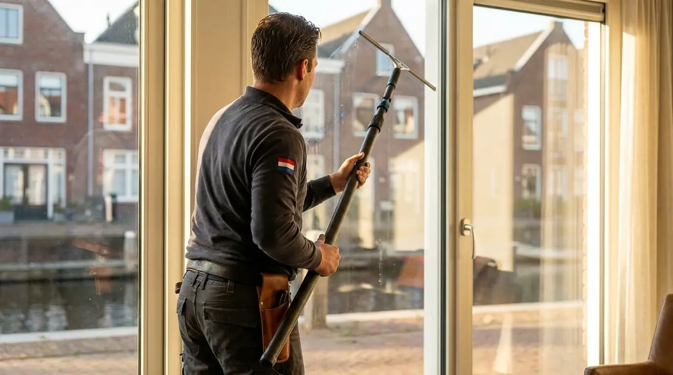 Vakman bezig met ramen lappen in een Nederlandse woning