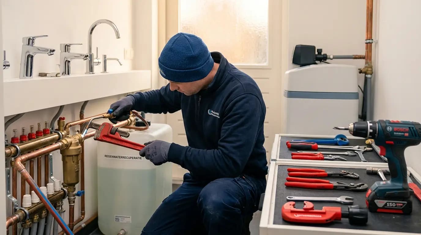 Vakman bezig met regenwaterrecuperatie installeren in een Nederlandse woning