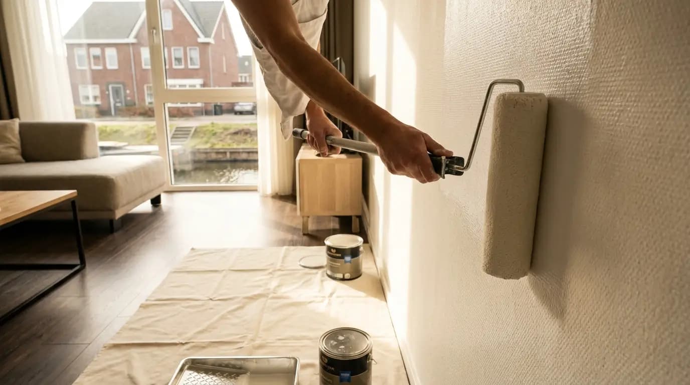 Vakman bezig met renovlies of glasvezelbehang aanbrengen in een Nederlandse woning