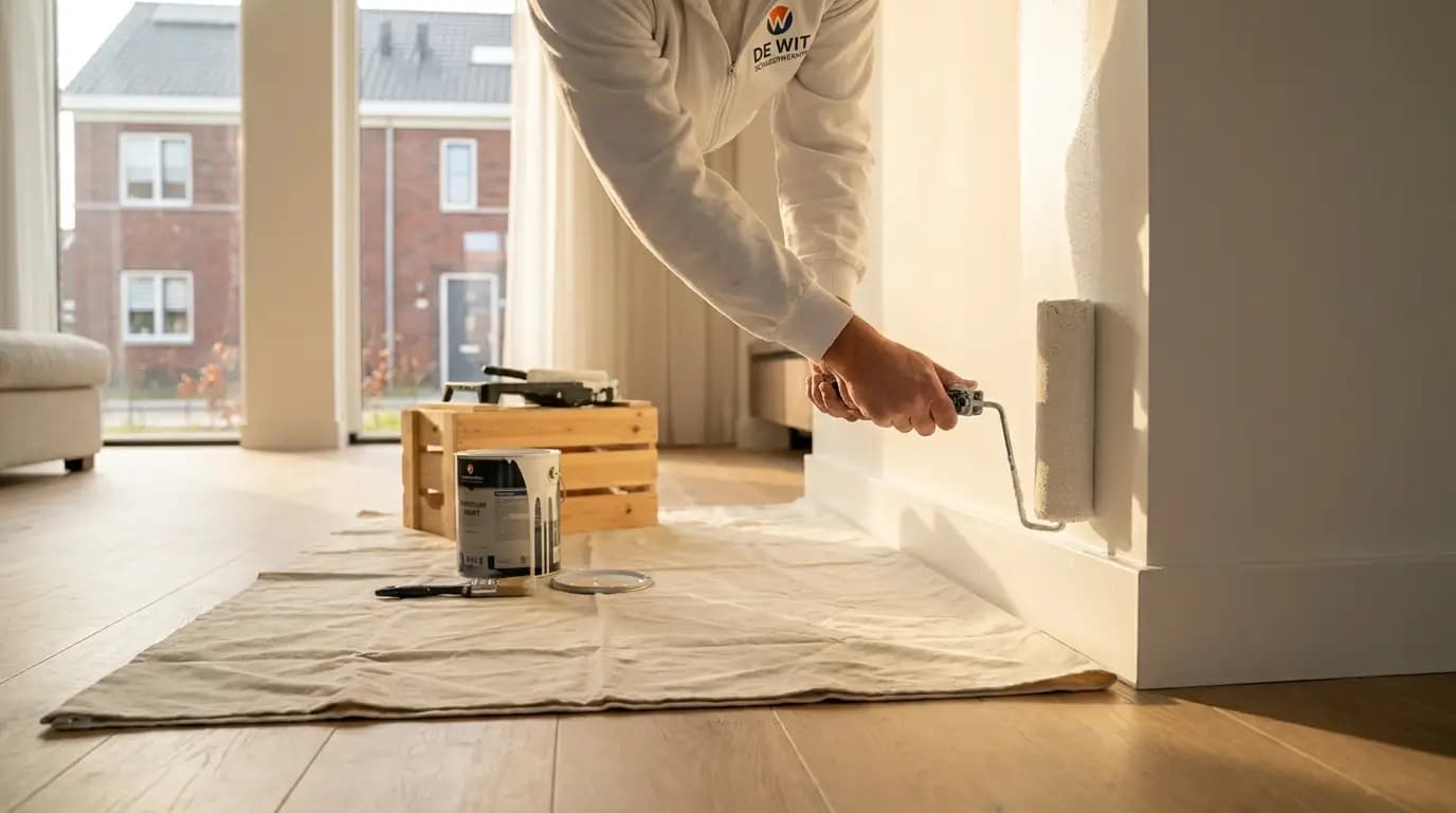 Vakman bezig met plinten schilderklaar afwerken in een Nederlandse woning