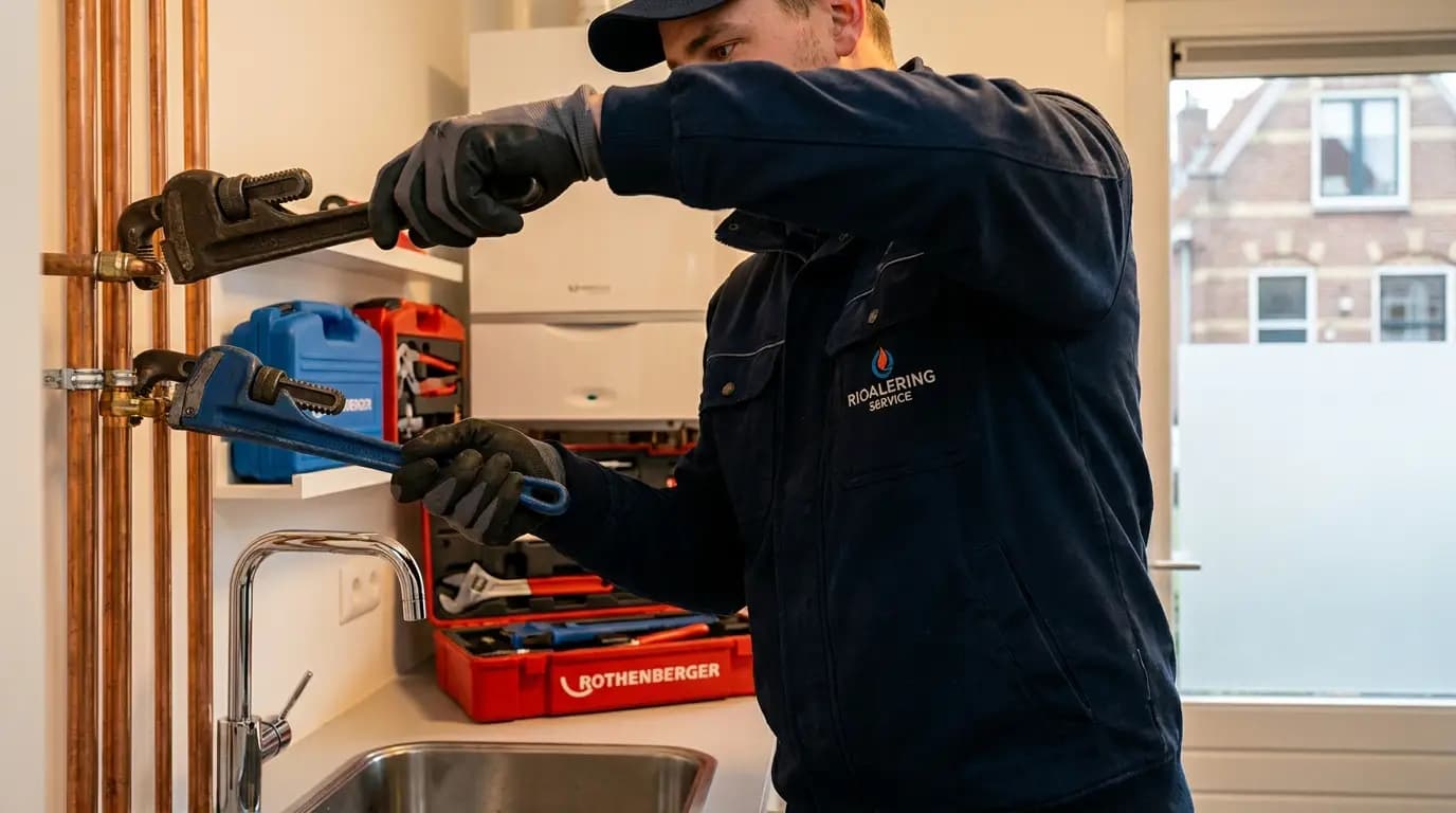 Vakman bezig met riolering en afvoer ontstoppen of reinigen in een Nederlandse woning