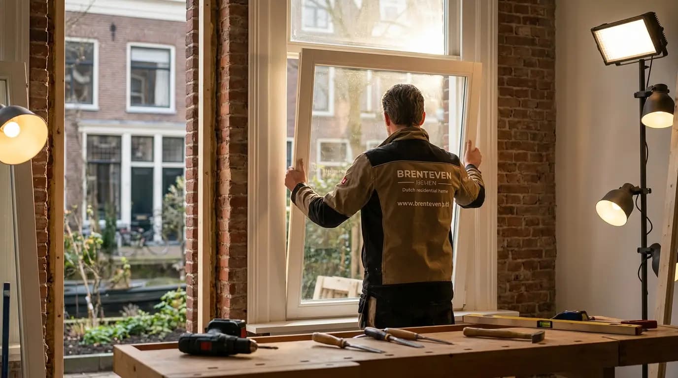 Vakman bezig met raamkozijnen repareren in een Nederlandse woning