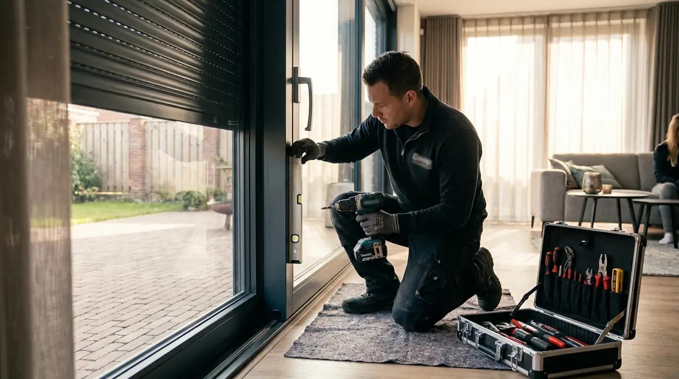 Vakman bezig met rolluik plaatsen of vervangen in een Nederlandse woning