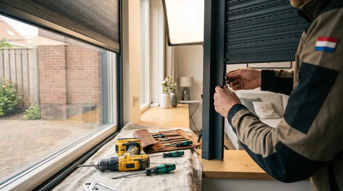 Vakman bezig met rolluik repareren in een Nederlandse woning