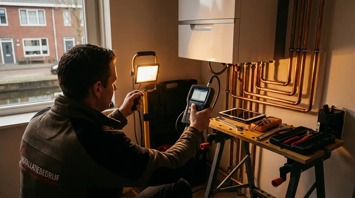 Vakman bezig met rookgasanalyse en ketelcontrole in een Nederlandse woning