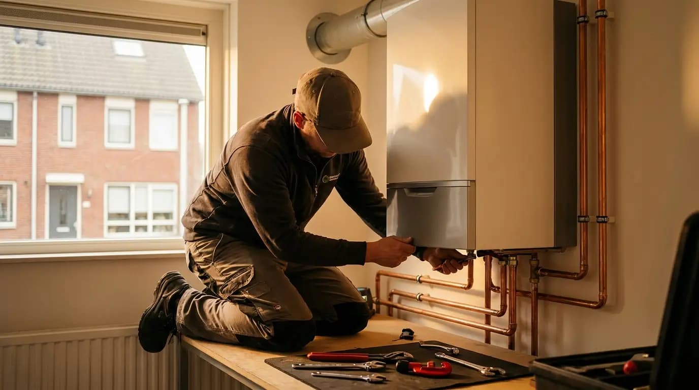 Vakman bezig met rookkanaal installeren of vervangen in een Nederlandse woning