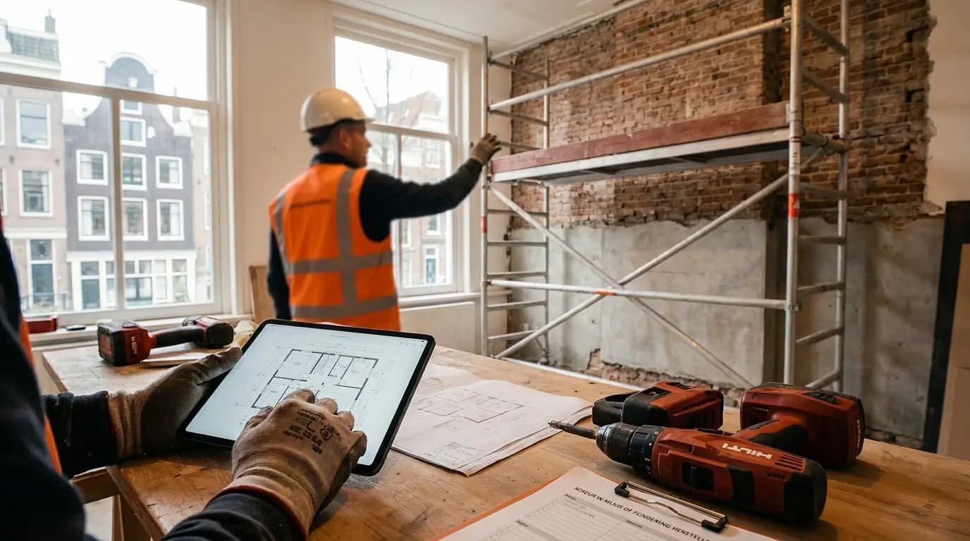 Vakman bezig met scheur in muur of fundering herstellen in een Nederlandse woning