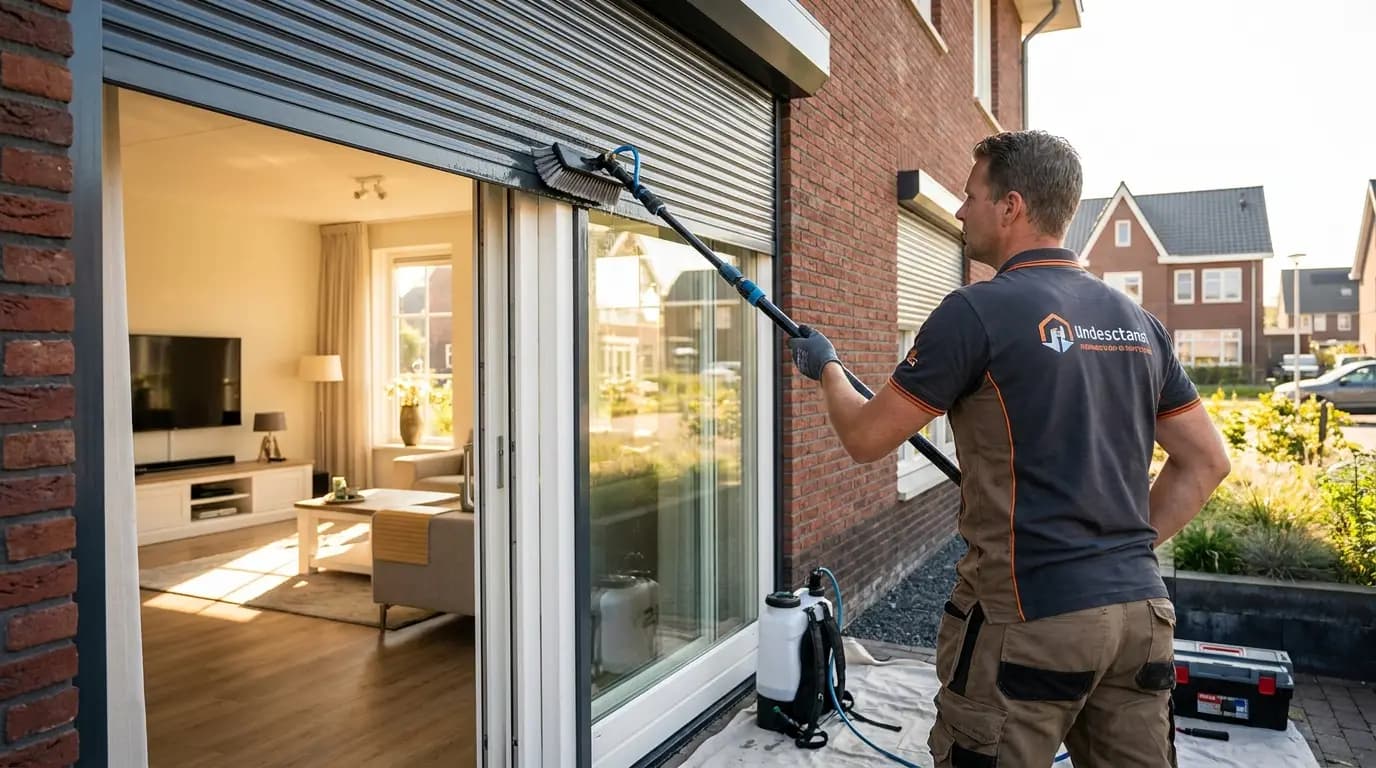 Vakman bezig met schoonmaken van rolluiken in een Nederlandse woning