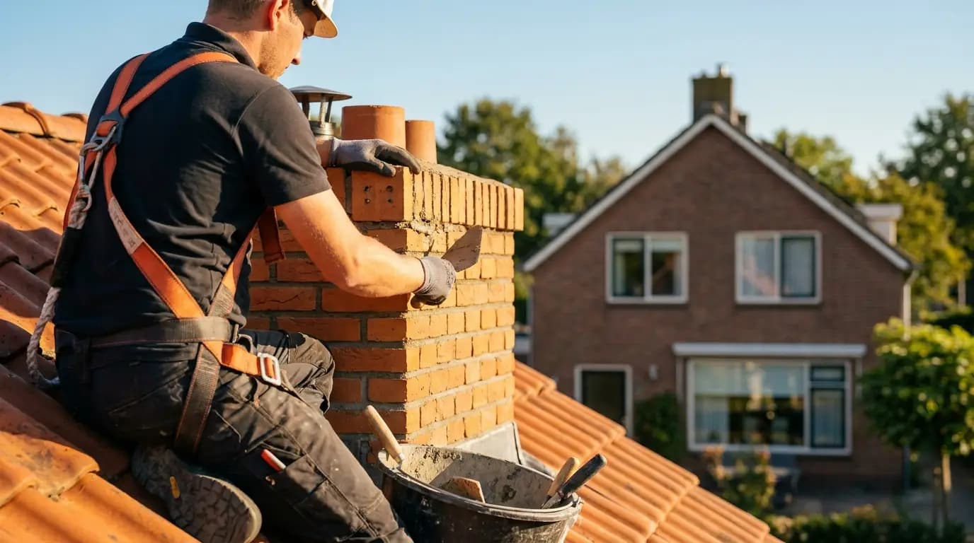Vakman bezig met schoorsteen metselen of repareren in een Nederlandse woning