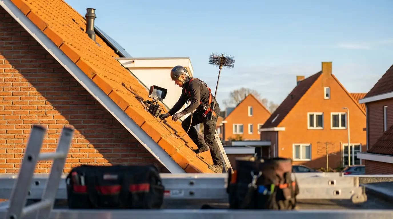 Vakman bezig met schoorsteen vegen of inspecteren in een Nederlandse woning