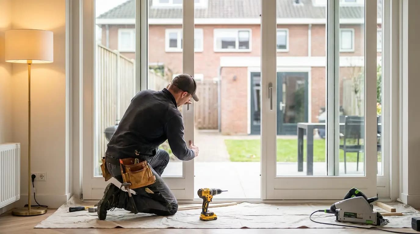 Vakman bezig met het plaatsen van een schuifpui in een Nederlandse woning