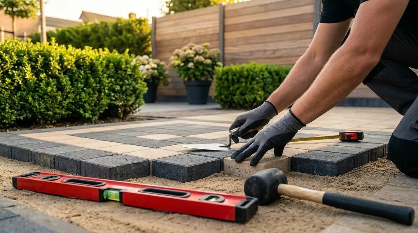 Vakman bezig met schutting of hek plaatsen in een Nederlandse tuin