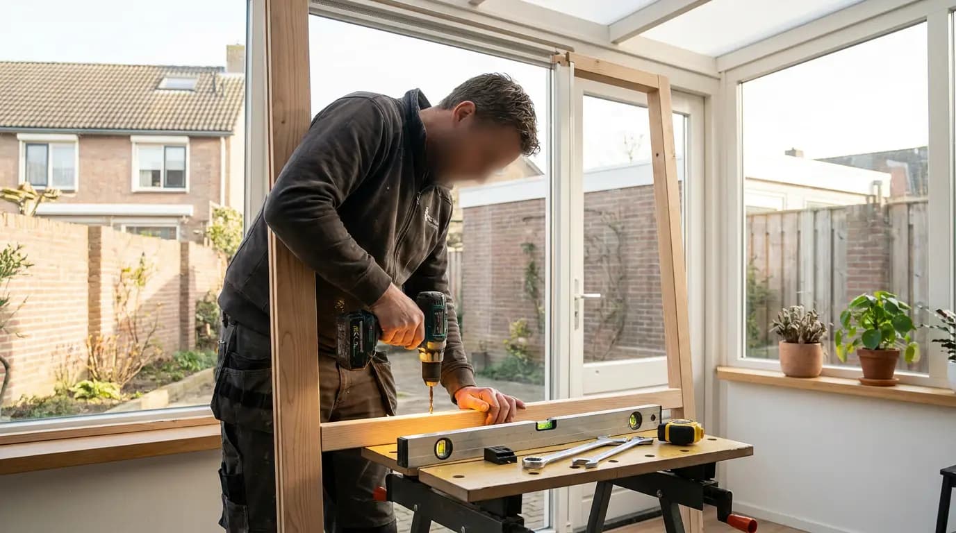 Vakman bezig met serre bouwen in een Nederlandse woning