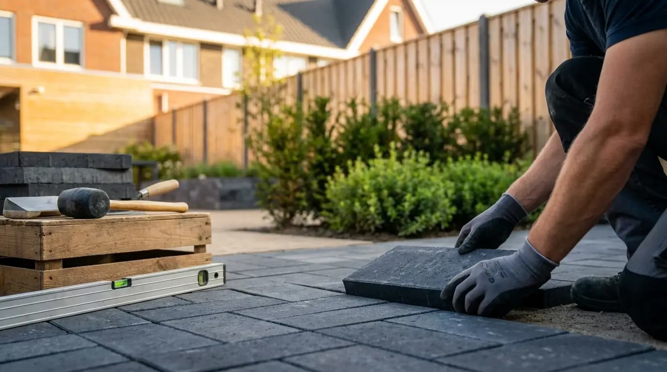 Vakman bezig met schuttingonderhoud en behandeling in een Nederlandse tuin