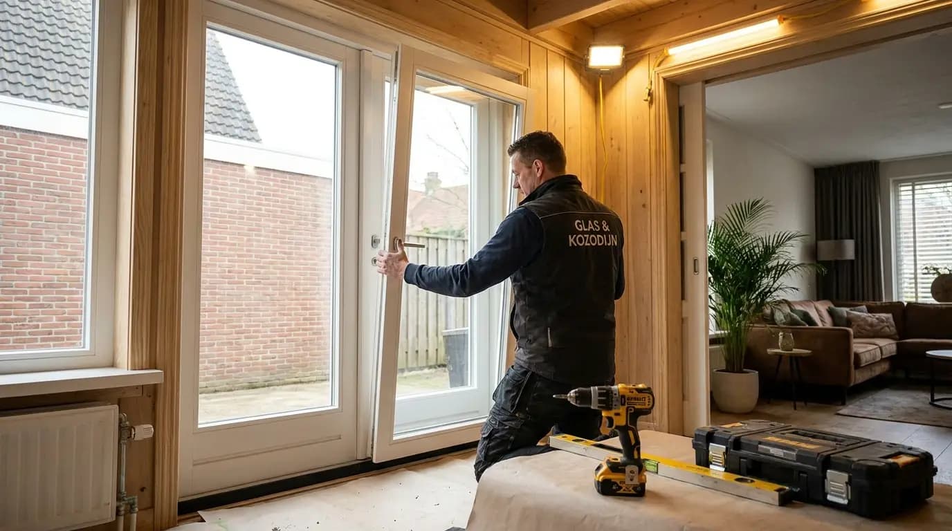 Vakman bezig met het plaatsen van een schuifdeur of roomdivider in een Nederlandse woning