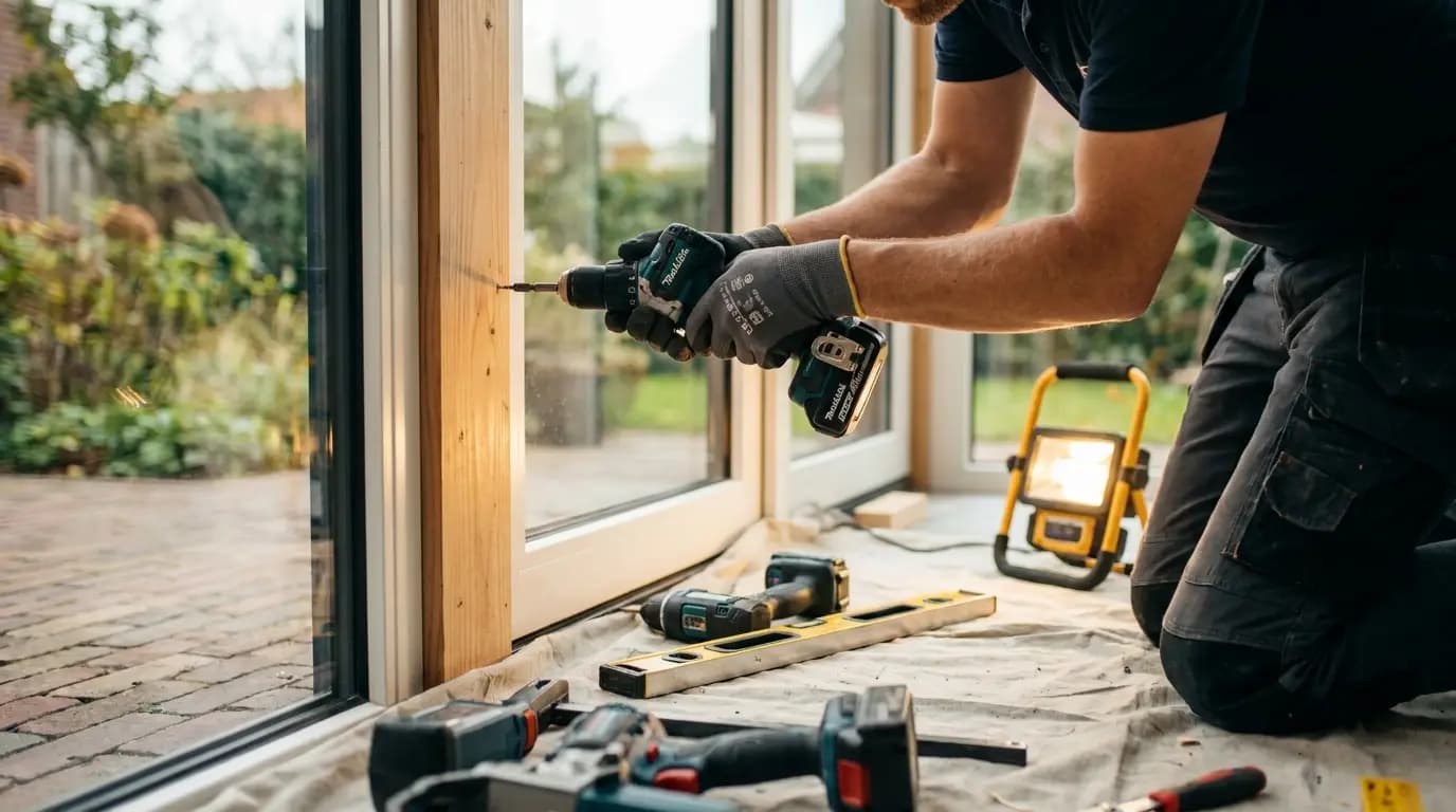 Vakman bezig met serre of tuinkamer renoveren in een Nederlandse woning