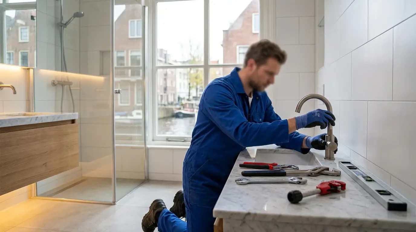Vakman bezig met sanitair plaatsen of vervangen in een Nederlandse woning